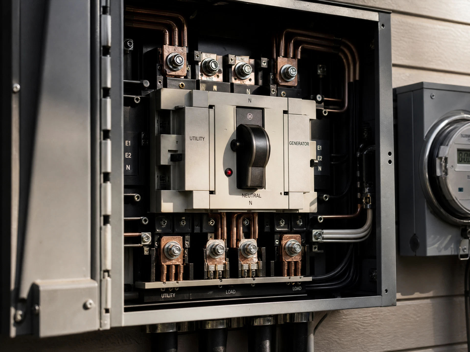Transfer switch conductors dressed, labeled, and torque marked so the next technician can read the work.