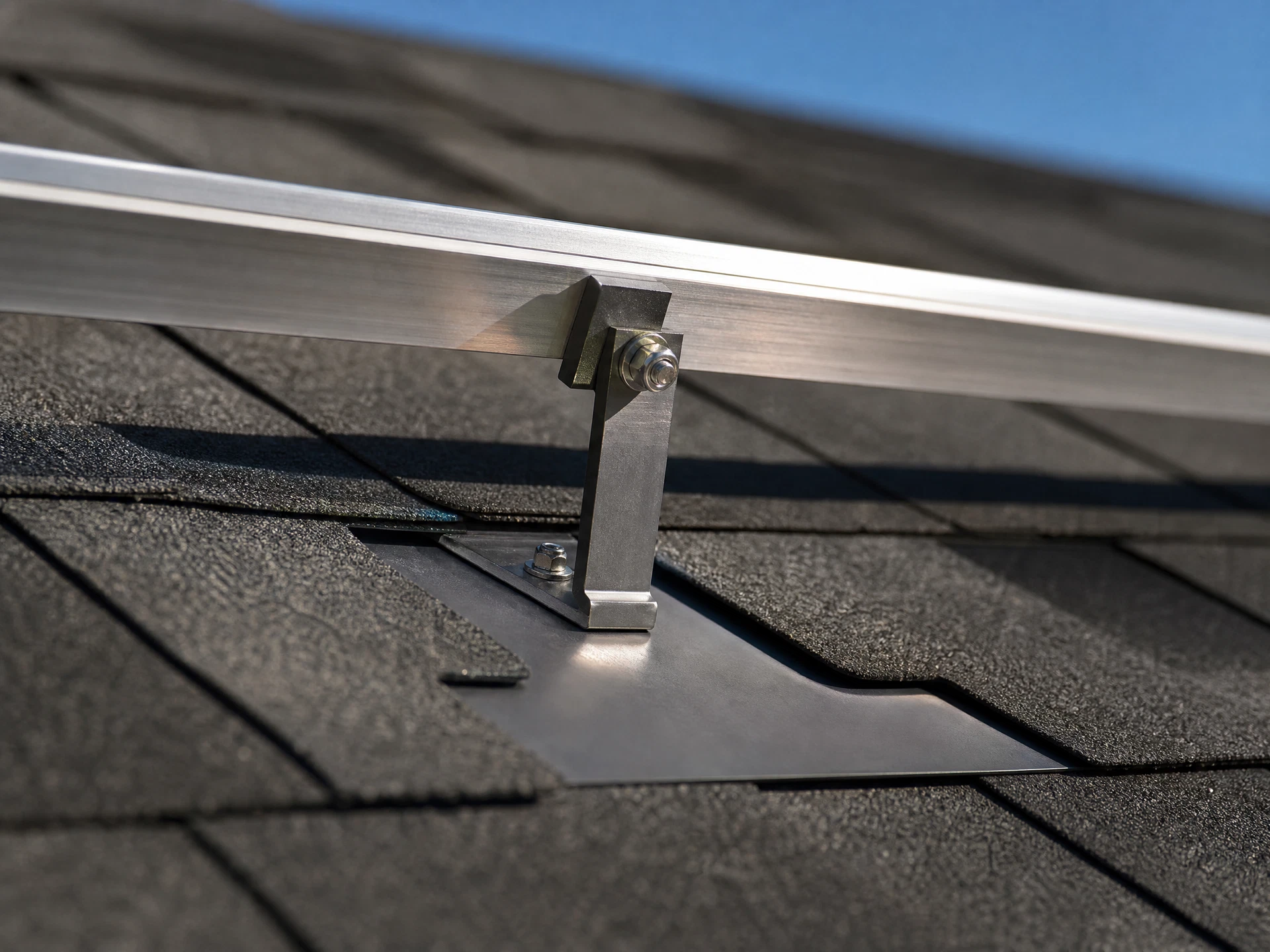 A flashed mount with the flashing plate woven under the course above it, not bedded in sealant.