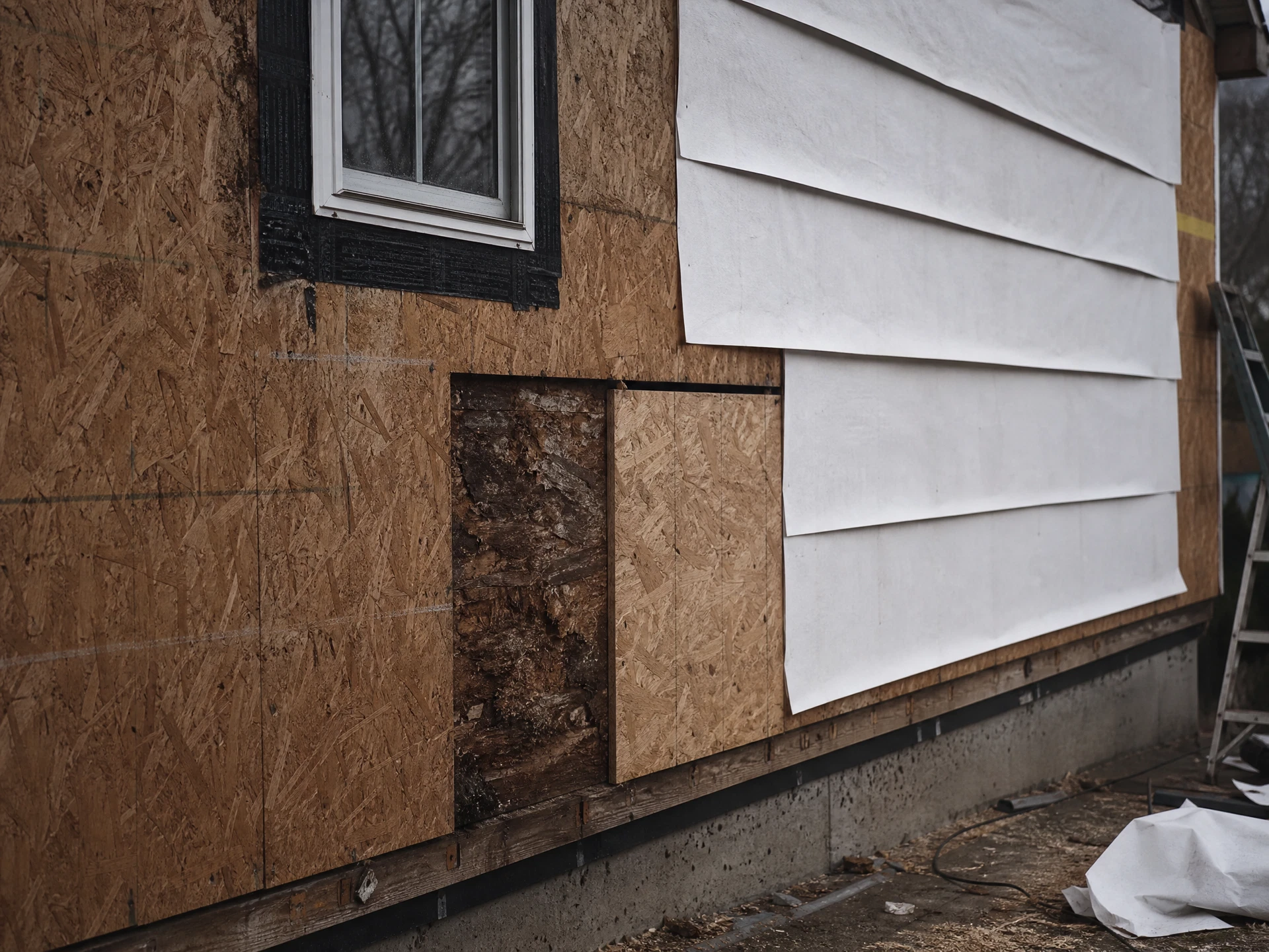 Housewrap lapped shingle-style over new sheathing, with the rotted section cut out and replaced.