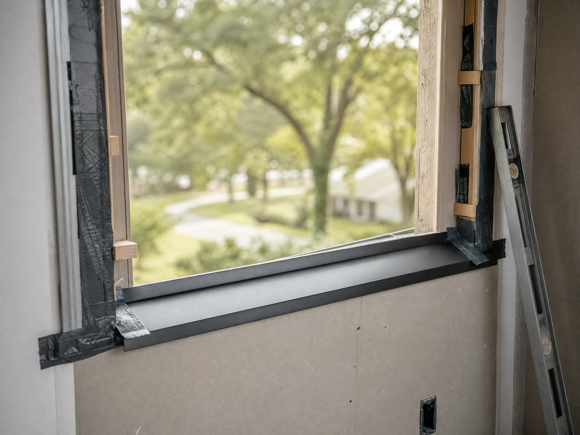 Sloped sill pan and bottom-up flashing tape in the opening before the unit is set.