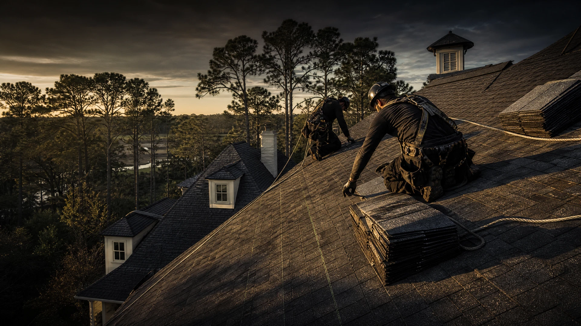 Sentinel roofing crew installing architectural shingles at golden hour