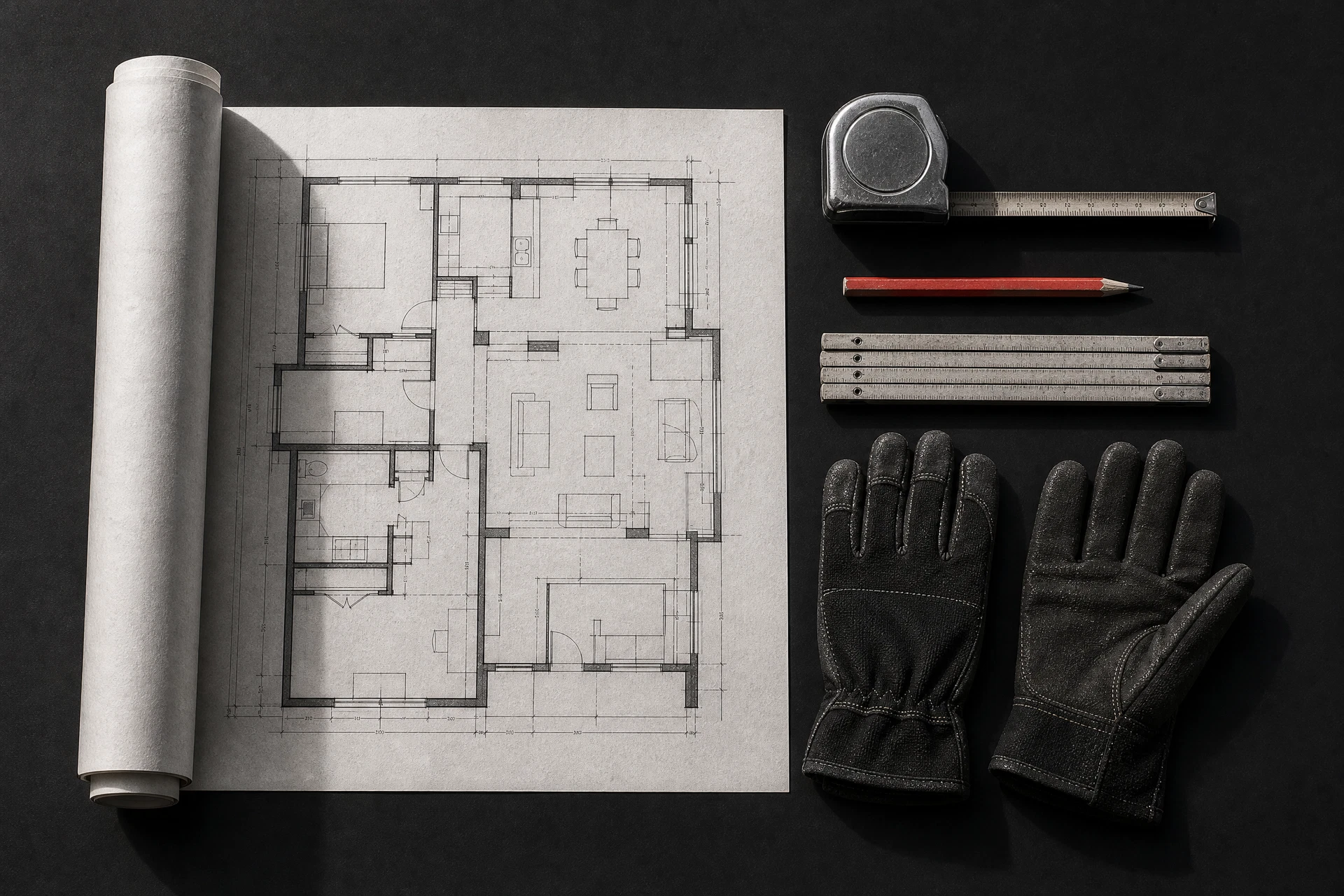 Blueprint, tape measure and work gloves arranged on a dark surface