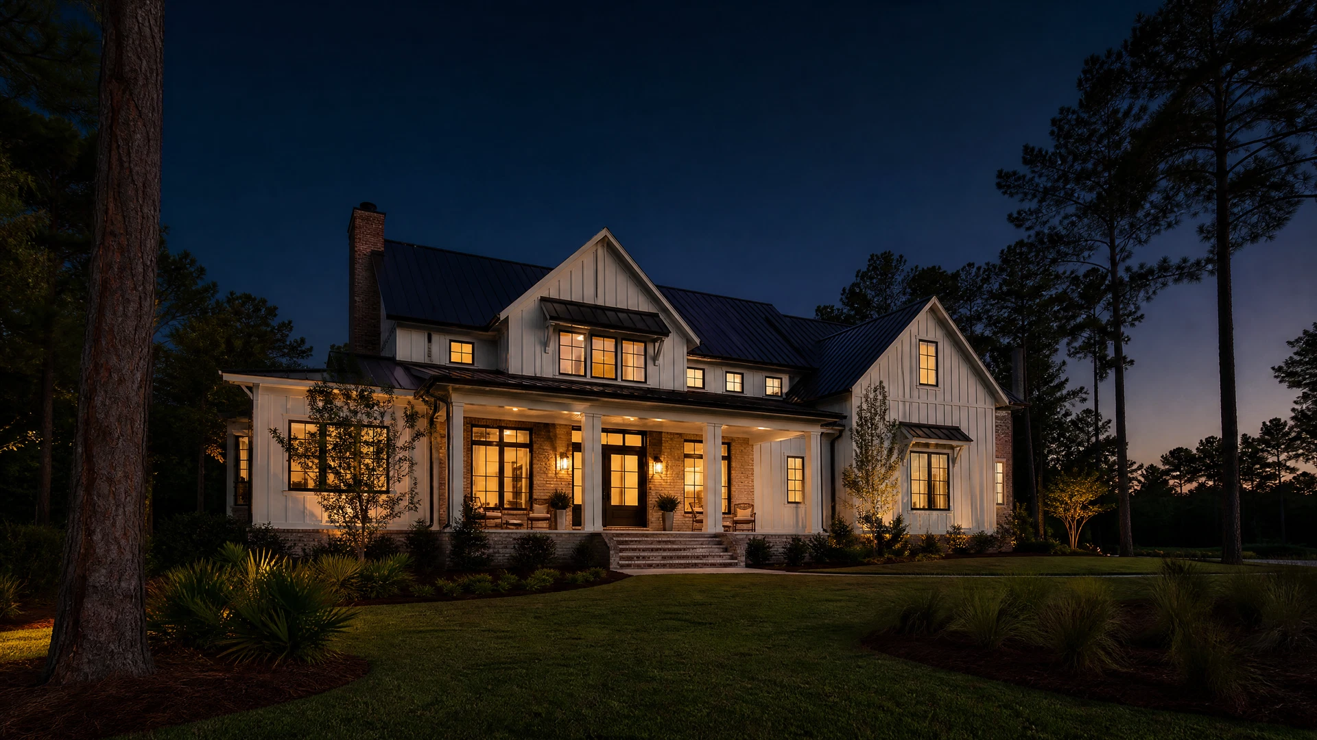 Completed custom home in South Carolina at dusk